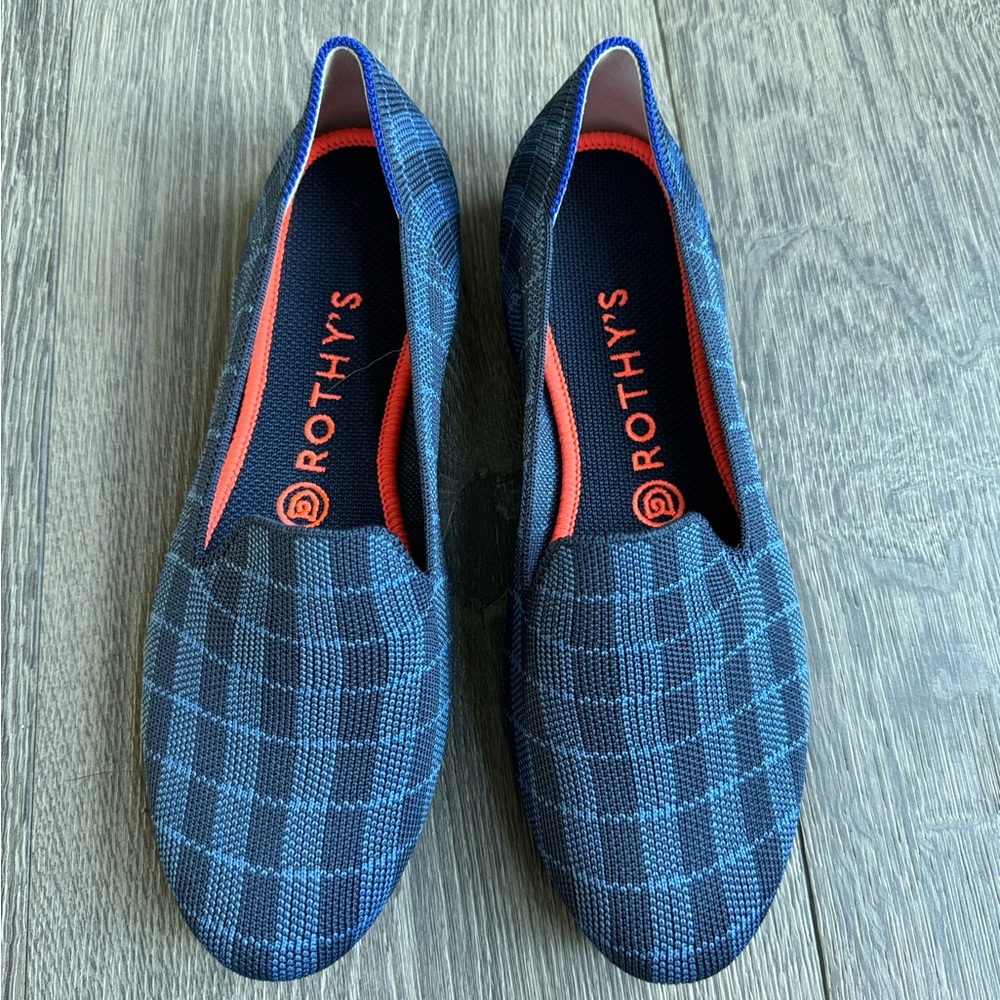 Rothy's Blue Plaid Slip-On Flats with Orange Accents